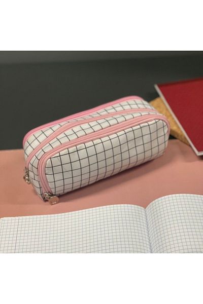 zola Unequipped school pencil case, 3 compartments, pockets, pen holders, plaid, white/black/pink