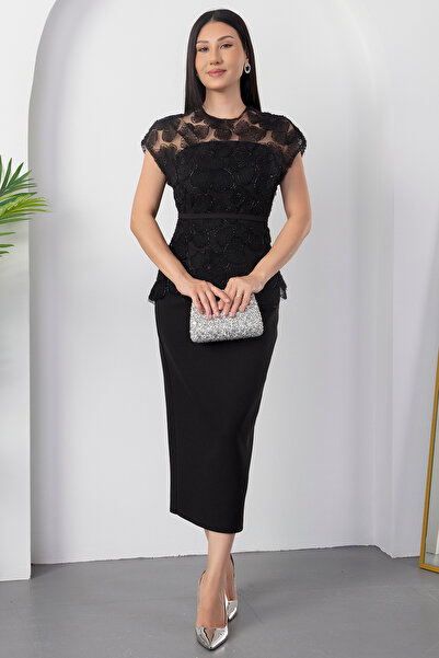 PULLIMM Üstü Boncuklu Tül Atlas Kemerli Elbise BAL144