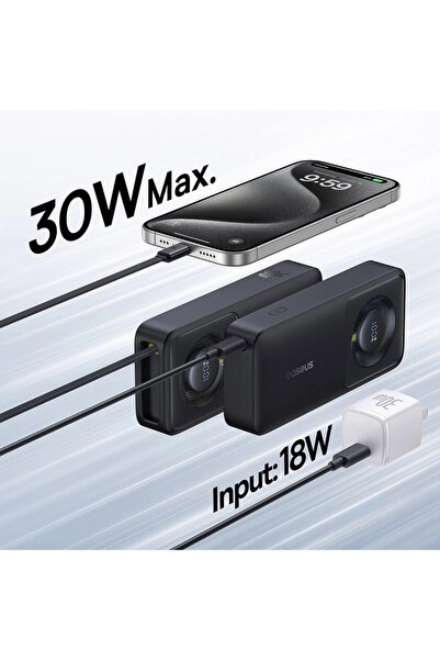 Baseus Baterie externă Free2Pull, 10000mAh, cablu USB-C retractabil, 30W, Negru