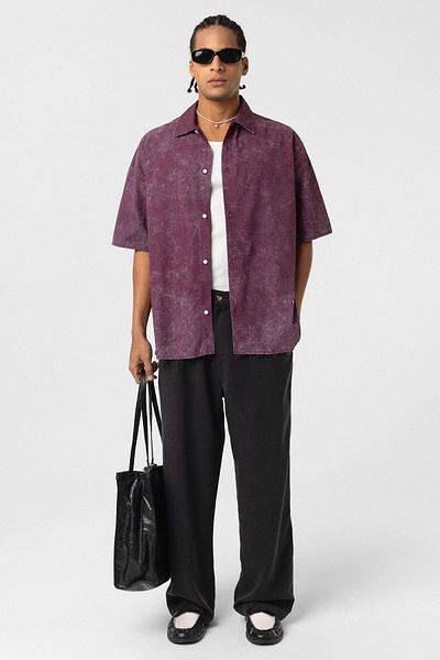 VAMOSCLO Washable Letter Printed Oversize Short Sleeve Shirt Claret Red
