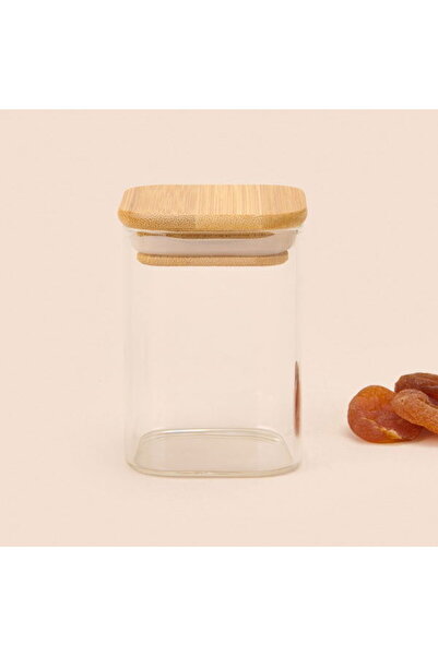 MİEN Mien Kare Mantar Kapak Cam Kavanoz - Şeffaf / Açık Kahverengi - 150 ml