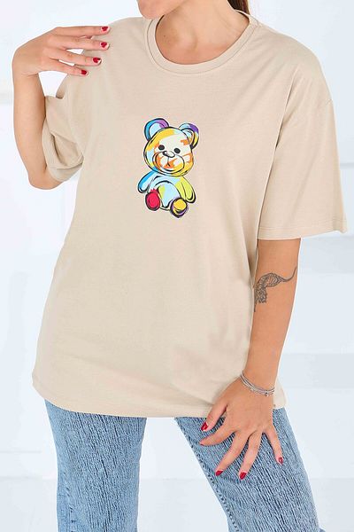 TOFİSA Printed Short Sleeve T-Shirt Beige - 27545