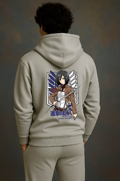 By Caspita Fashion Lenithra Attack on Titan Mikasa Anime Back Printed Unisex Oversize Gray Hoodie
