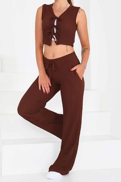 TOFİSA Tie Front Suit Brown - 27537