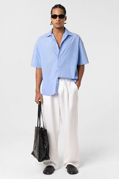 VAMOSCLO Washable Letter Printed Oversize Short Sleeve Shirt Blue