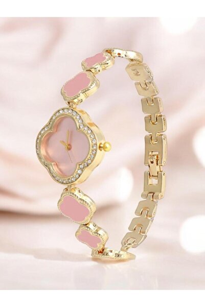 Merand Pink Clover Design Women's Wristwatch – Stylish Bracelet Watch with Stones – Special Design