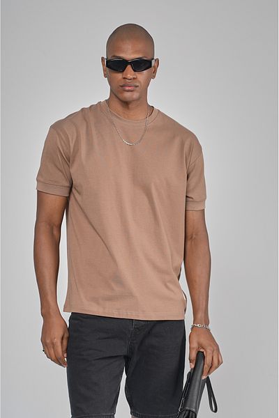 Butik Trend We Half Oversize Fit T-Shirt with Double Face Fabric Collar and Sleeves Ribbed Label Detail
