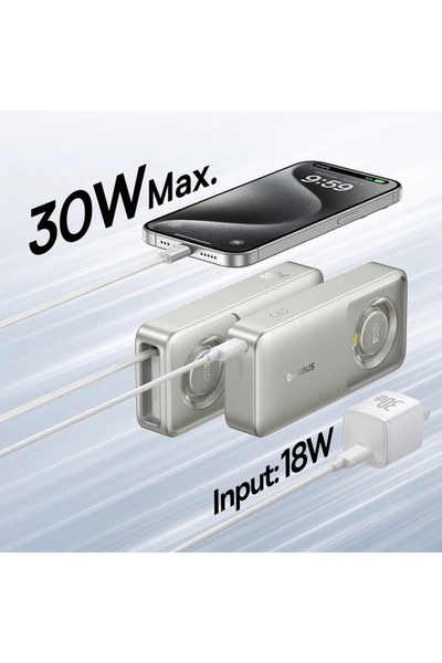 Baseus Εξωτερική μπαταρία Free2Pull, 10000mAh, αναδιπλούμενο καλώδιο USB-C, 30W, γκρι