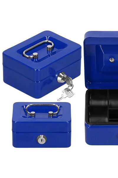 SERSIMO Safe-type money box, compartmentalized, with key, metal, 12.5x9.5x6.5cm, blue
