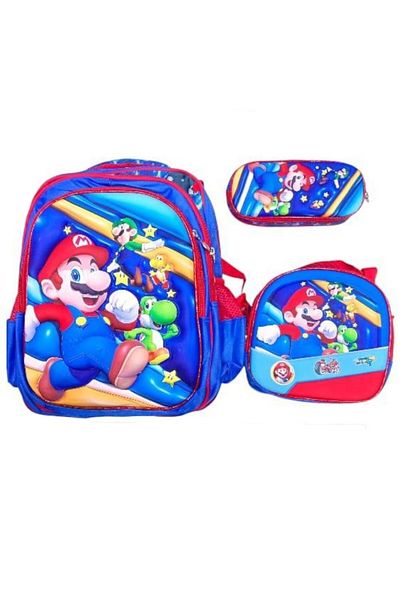 Toybox Mario Cartoon 3-Piece School Bag Set - Backpack with Trolley, Lunch Box and Pencil Case