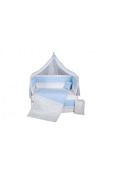 MY KİDS 11-piece Bedding Set for Kids' Crib with Canopy, Squars White-Blue, 120 x 60 cm