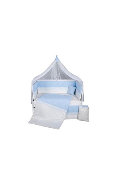 MY KİDS 11-piece Bedding Set for Kids' Crib with Canopy, Squars White-Blue, 120 x 60 cm