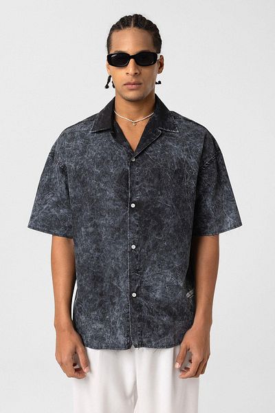 VAMOSCLO Washable Letter Printed Oversize Short Sleeve Shirt Black