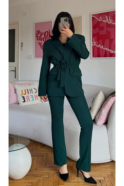Moda İkra Women's Belted Blazer Jacket Split Pants Suit