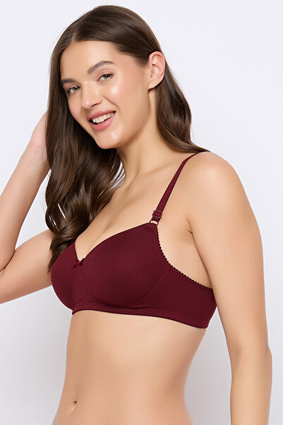 Clovia Padded Non-Wired Full Coverage T-shirt Bra in Maroon - Cotton Lycra