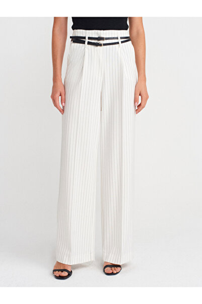 Dilvin 72153 Kemerli Yüksek Bel Pantolon-Beyaz