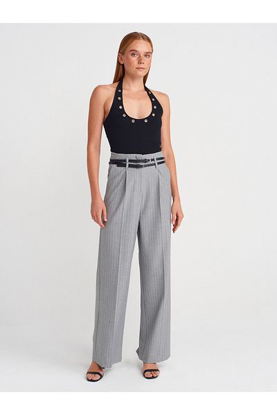 Dilvin 72153 Belted High Waist Trousers-Grey