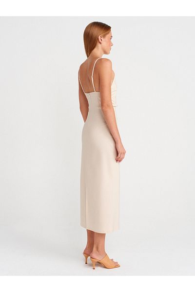 Dilvin 91479 Drawstring Midi Dress-Stone