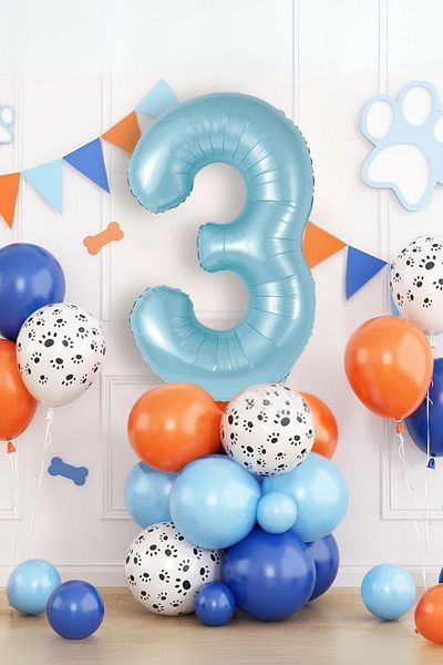 PARTİAVM 3 Years Old Blue Number Birthday Balloon Set Hero Dogs and Party Decor with Paw Pattern and Balloons