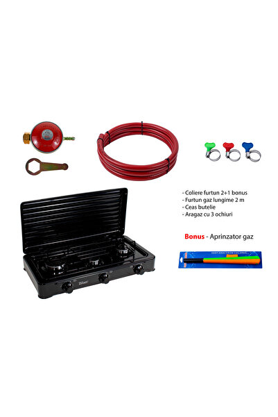 Zilan Pachet aragaz cu 3 arzătoare, ceas cilindric 62x36cm, furtun de 2m, 3 cleme de furtun, aprinzător ZLN 0032B_N