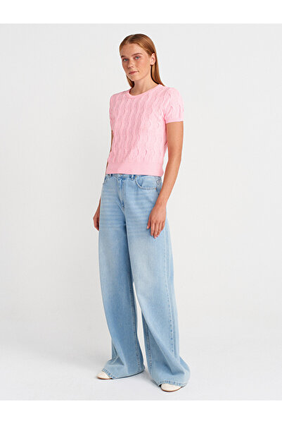 Dilvin 10788 Crew Neck Textured Knitwear Blouse-Pink