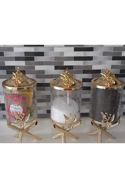 AZADE BAKIR GOLD PİRİNÇ JAPONGÜL ÇATLAK CAM KAVANOZ 3’LÜ SET