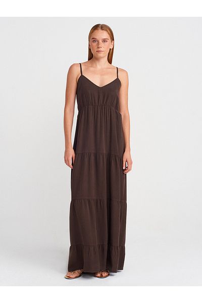 Dilvin 90573 Drawstring Long Denim Dress-Brown