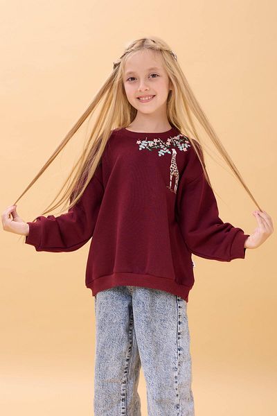Perendi Girl's Giraffe Embroidered Seasonal Oversize Sweatshirt – Claret Red