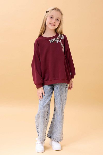 Perendi Girl's Giraffe Embroidered Seasonal Oversize Sweatshirt – Claret Red
