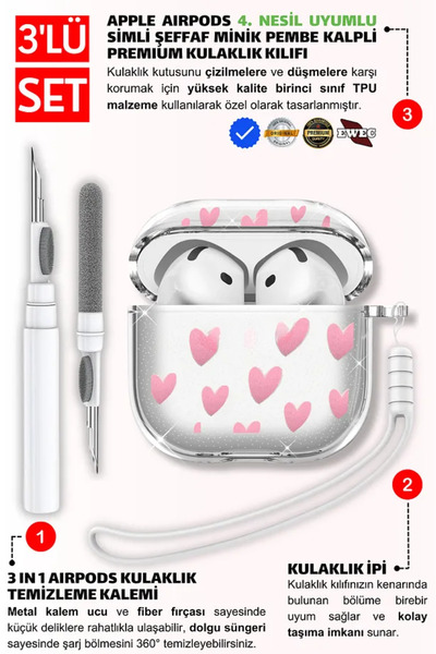 PSGT Apple AirPods 4.Nesil 3'ü1 Arada Silikon Kılıf Kapak + Temizleme Kalemi+ Kulaklık ipi
