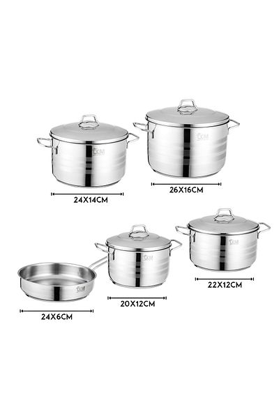 Dania Turkish 18/10 stainless steel cookware set with steel lid, consisting of 9 pieces, 20-22-24-26-24