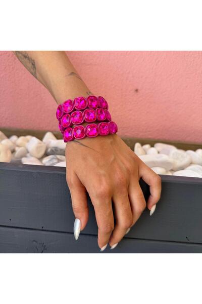neslyaccessories Renkli Taşlı Esnek Bileklik (Fuşya)