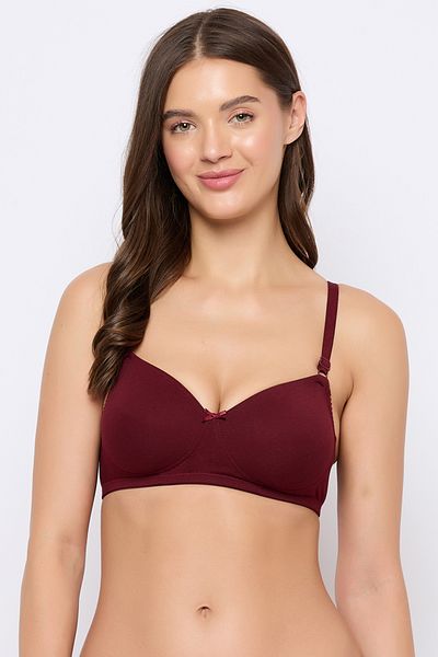 Clovia Padded Non-Wired Full Coverage T-shirt Bra in Maroon - Cotton Lycra