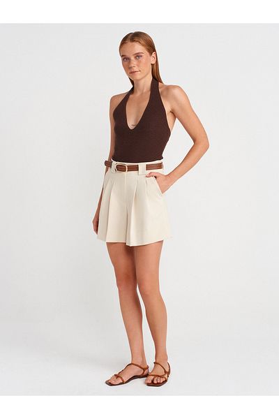 Dilvin 71663 Normal Waist Battery Detailed Shorts-Ecru