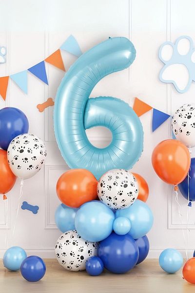 PARTİAVM 6 Years Old Blue Number Birthday Balloon Set Hero Dogs and Party Decor with Paw Pattern and Balloons