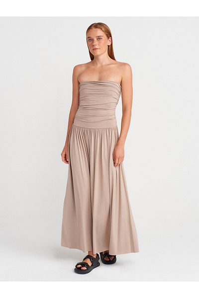 Dilvin 91496 Strapless Gathered Dress-Dark Stone
