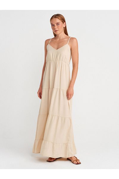 Dilvin 90573 Drawstring Long Denim Dress-Stone