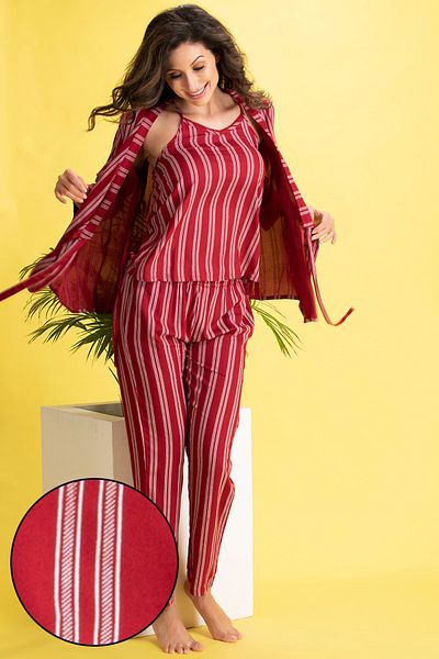 Clovia Sassy Stripes 3 Piece Set- Top, Pyjama & Robe in Maroon - Rayon