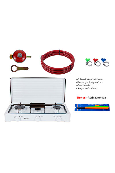 Zilan Pachet aragaz cu 3 arzătoare, ceas cilindric 62x36cm, furtun de gaz de 2m, 3 cleme de furtun, aprinzător ZLN 0032W_A