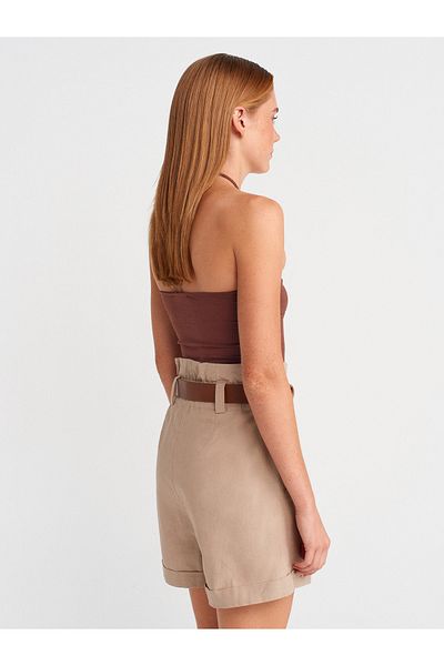 Dilvin 72138 Elastic Waist Belted Shorts-Beige