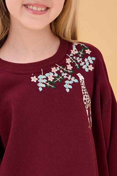 Perendi Κοριτσίστικο Καμηλοπάρδαλη Κεντημένο Εποχιακό Φούτερ Oversize – Claret Red