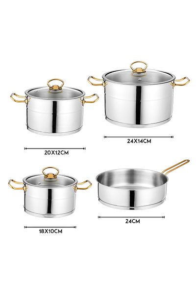 Dania Turkish 18/10 stainless steel cookware set with a glass lid and steel of 7 pieces, 18-20-24-24 cm