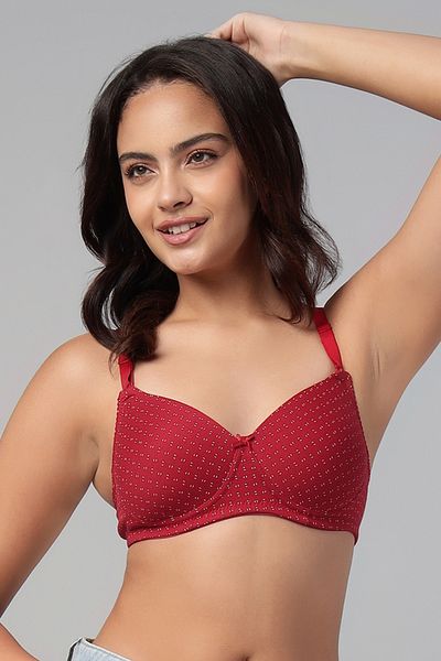 Clovia Padded Non-Wired Full Coverage Printed Multiway T-shirt Bra in Red - Cotton