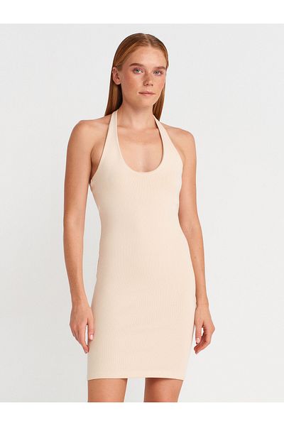 Dilvin 91508 Halter Neck Mini Dress-Stone