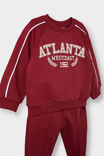 DeFacto 2-Piece Printed School Sweatshirt Sweatpants Claret Red Baby Boy Bottom-Top Set D2599A5/Br285