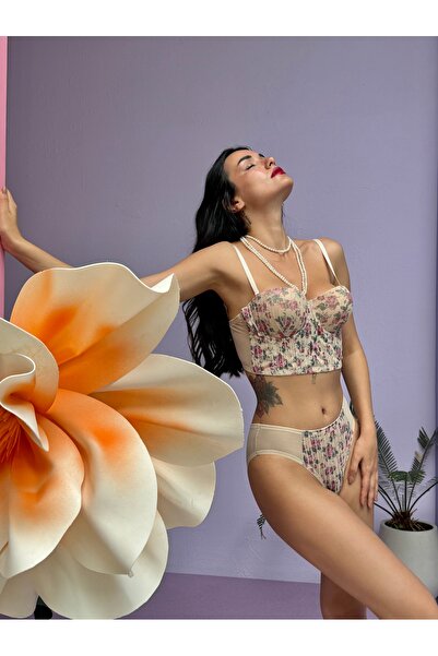 Pardon Silvery Floral Pattern Supported Bustier Suit (682t)