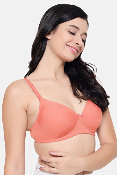 Clovia Padded Non-Wired Full Coverage Self-Striped Multiway T-shirt Bra in Peach