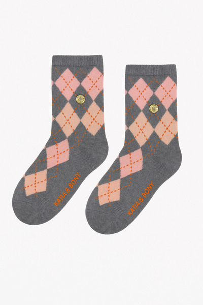 Katia&Bony Детски чорапи с каре мотив, 2 чифта в кутия, сиви/бели