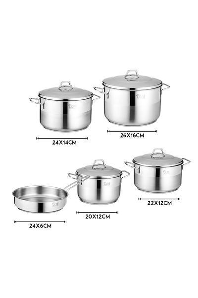 Dania Turkish 18/10 stainless steel cookware set with stainless steel lid of 9 pieces, 20-22-24-26-24