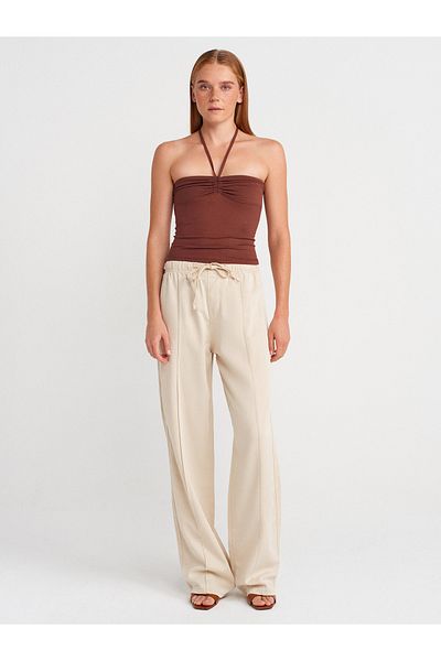 Dilvin 72030 Ribbed Stitched Elastic Denim Trousers-Stone